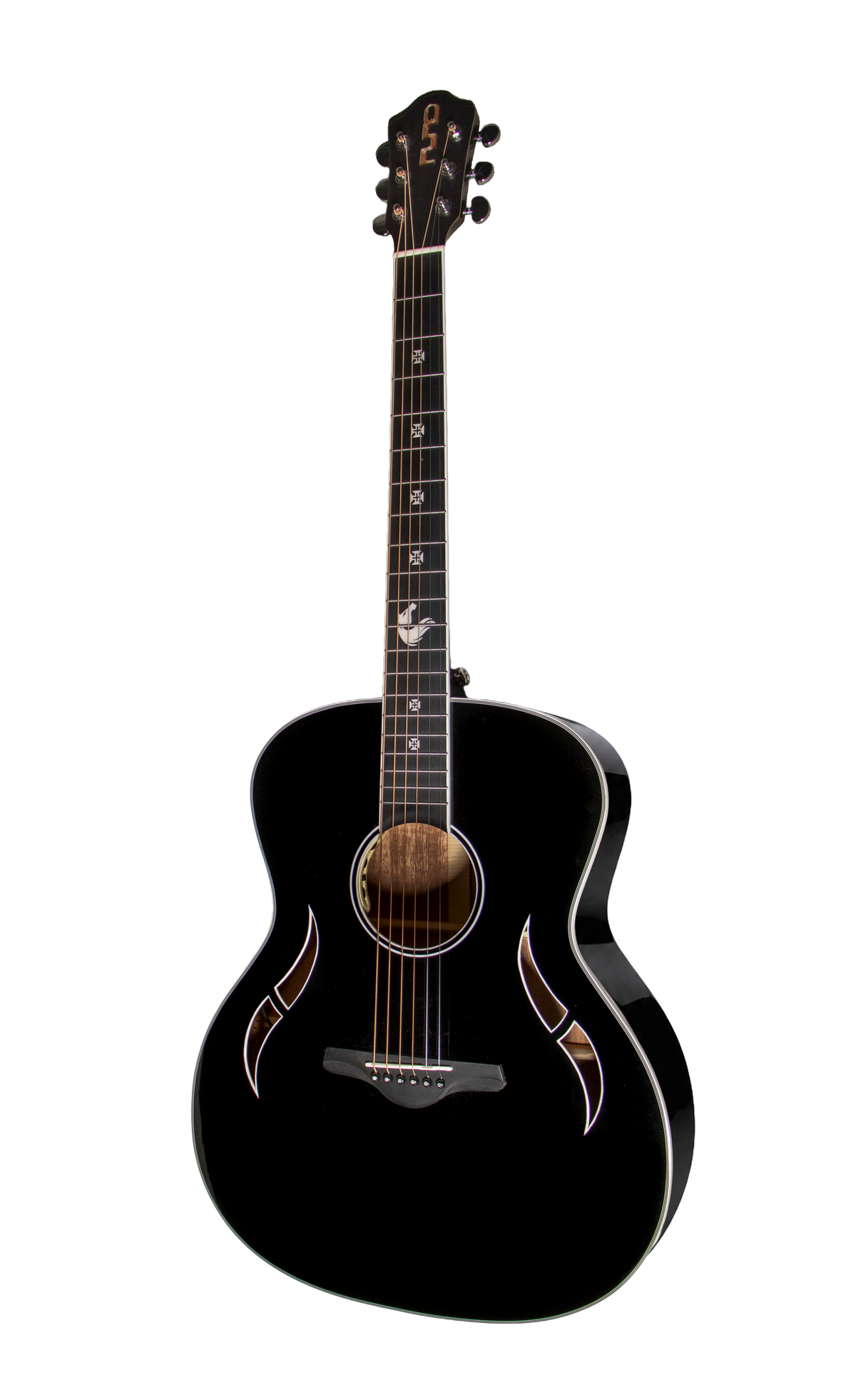 A black acoustic guitar with decorative inlays on the sides, shown against a plain white background.